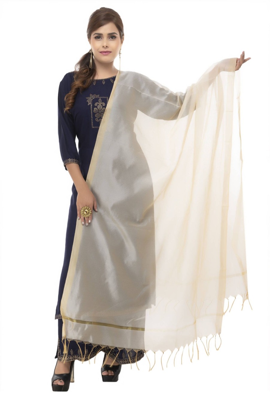 Women Moeza | Women'S Banarsi Chanderi Piping Dupatta Mfd0025 - Moeza Golden