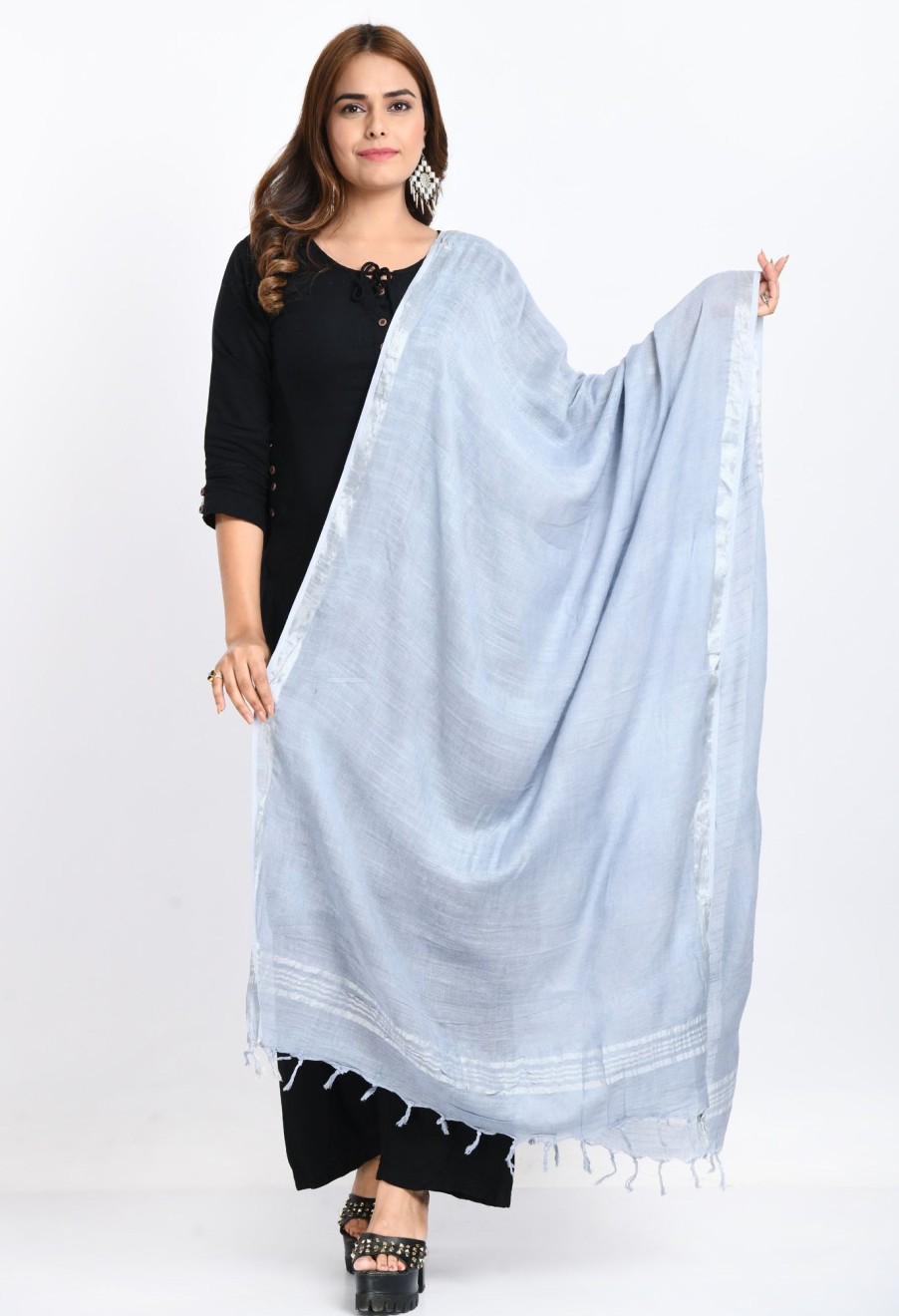 Women Moeza | Women'S Linen Cotton Silver Border Dupatta - Moeza Grey