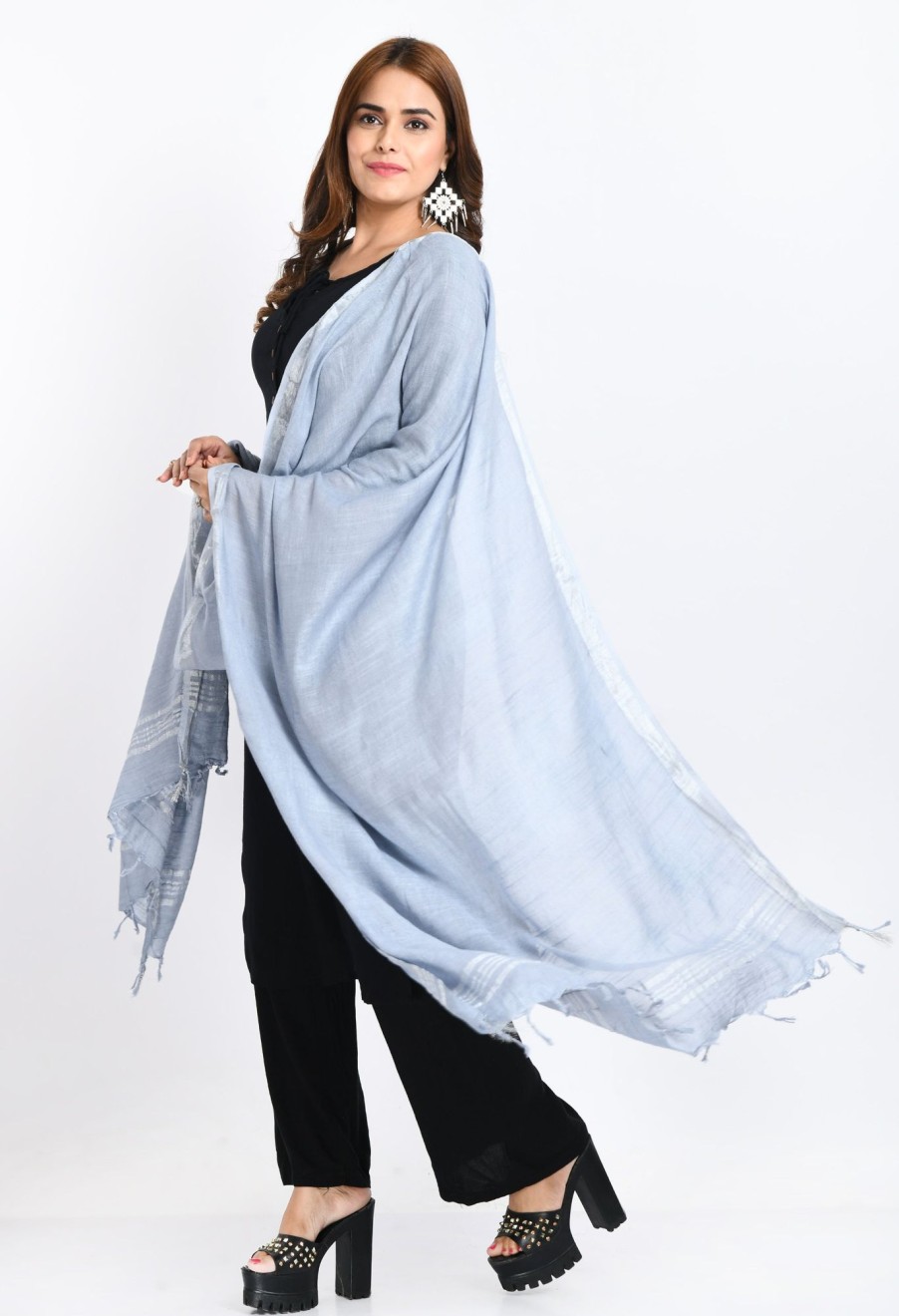 Women Moeza | Women'S Linen Cotton Silver Border Dupatta - Moeza Grey