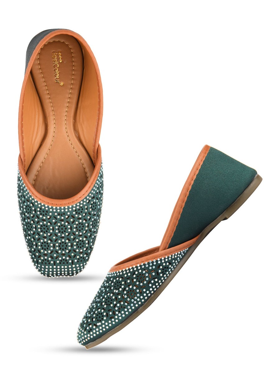 Others Desi Colour | Women'S Teal Handcrafted Stone Work Indian Ethnic Comfort Footwear - Desi Colour Green