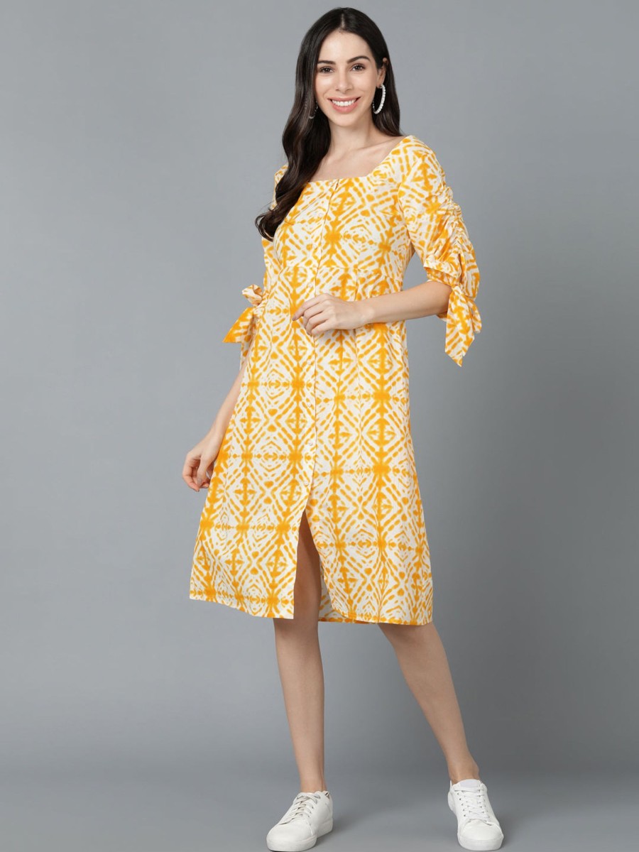 Women Ahika | Women'S Cotton Tie And Dye Printed Dress - Ahika Yellow