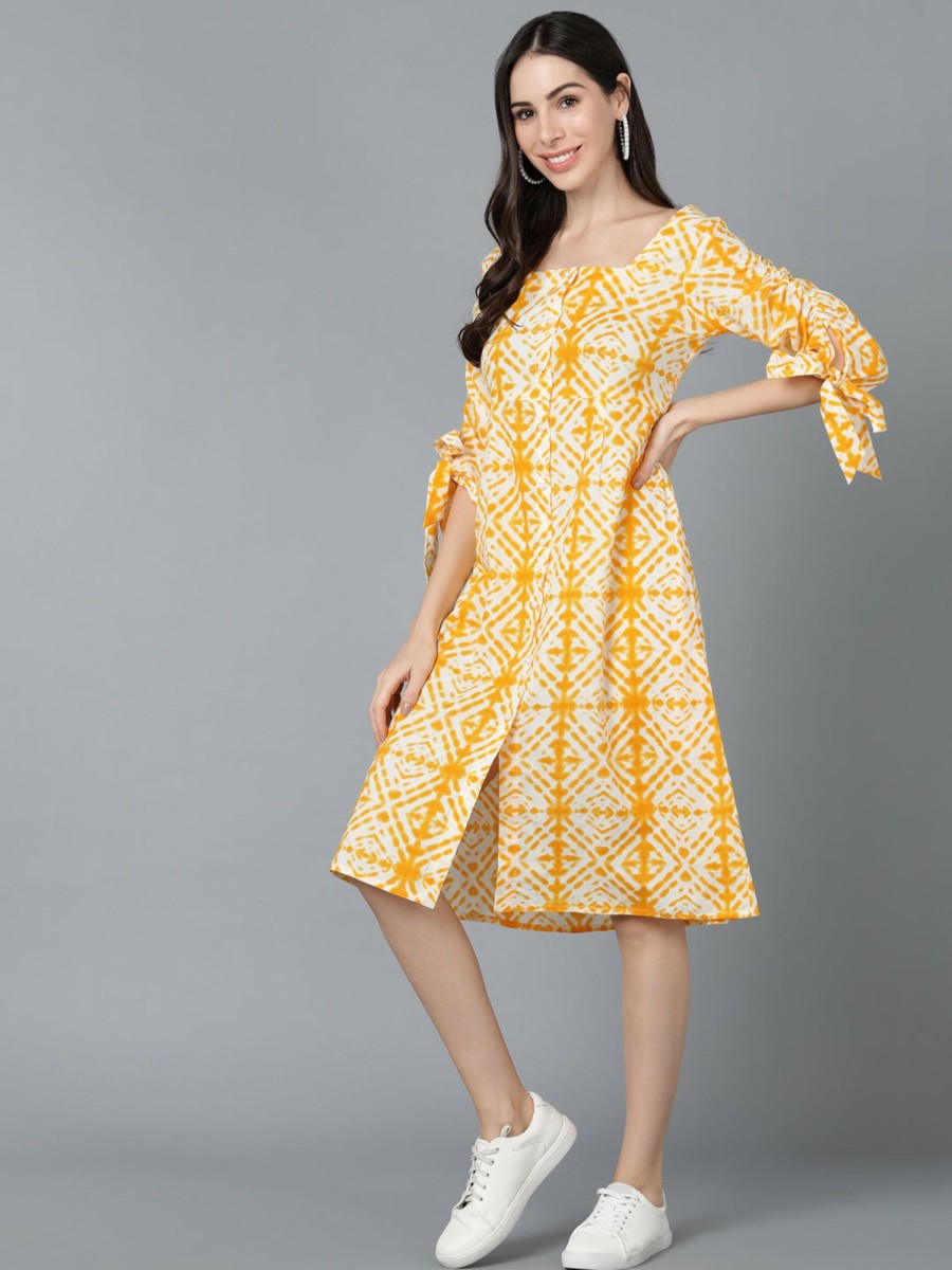 Women Ahika | Women'S Cotton Tie And Dye Printed Dress - Ahika Yellow