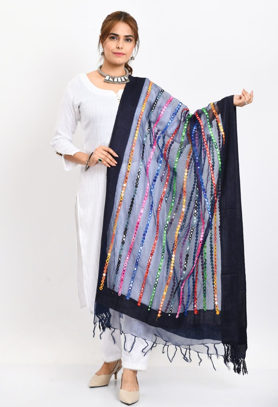 Women Moeza | Women'S Orgenza Multi Thread Mirror Work Navy Dupatta - Moeza Blue