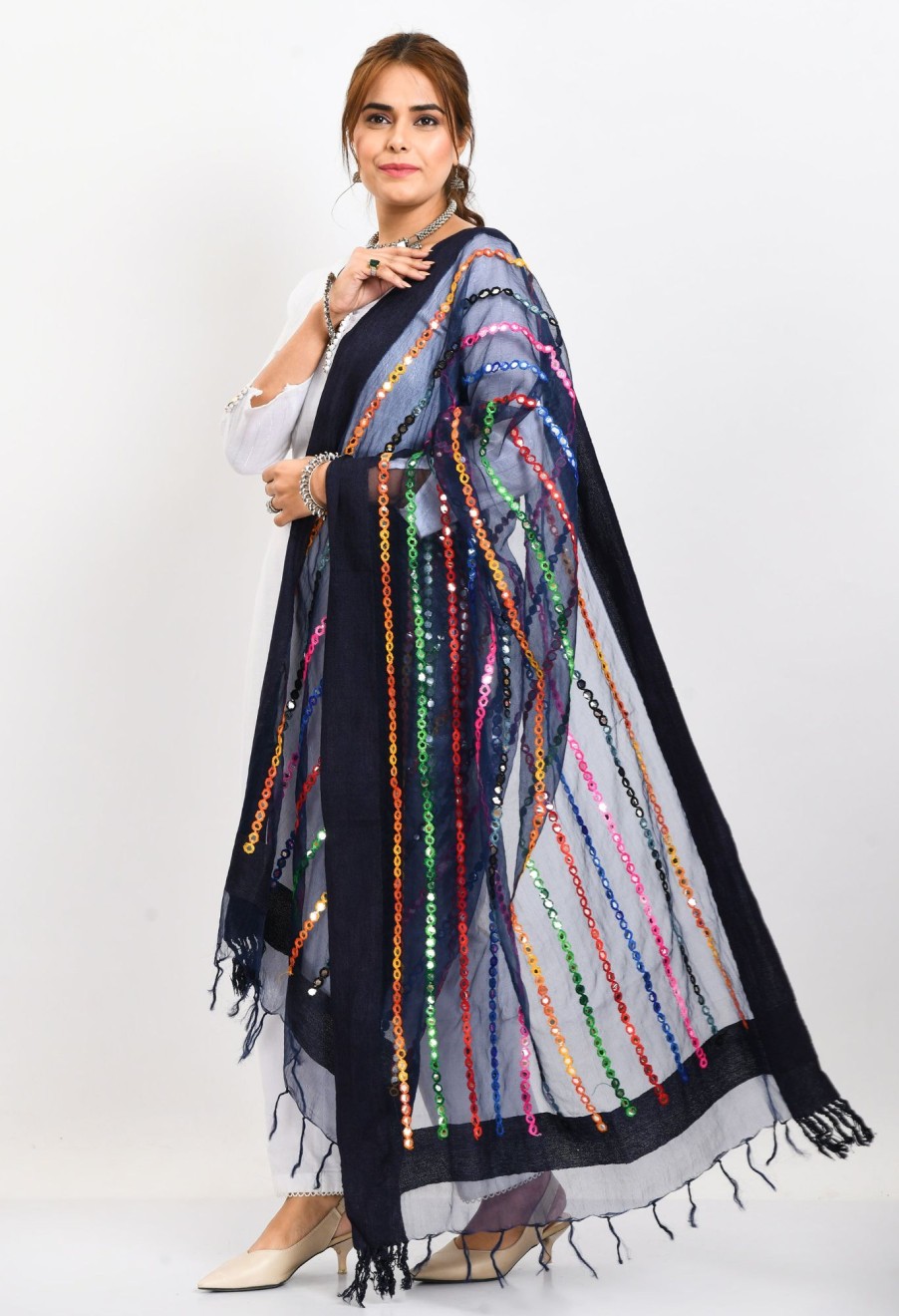 Women Moeza | Women'S Orgenza Multi Thread Mirror Work Navy Dupatta - Moeza Blue