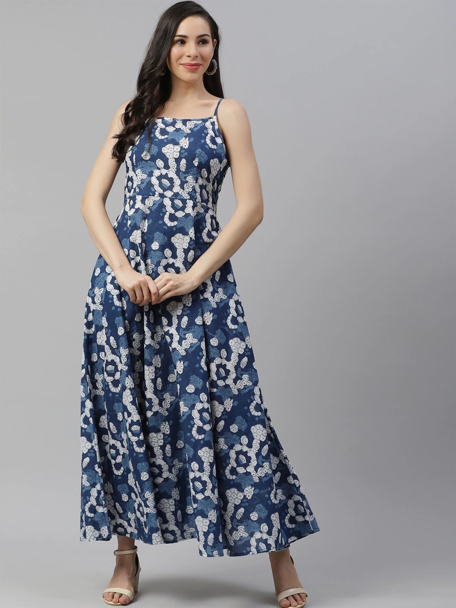 Women Final Clearance Sale | Women'S Indigo Print Cotton Long Dress - Final Clearance Sale