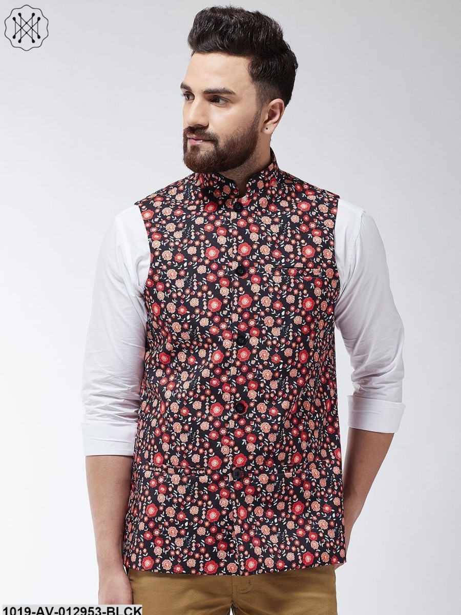 Men Sojanya | Men'S Cotton Blend Black U0026 Red Printed Nehru Jacket - Sojanya