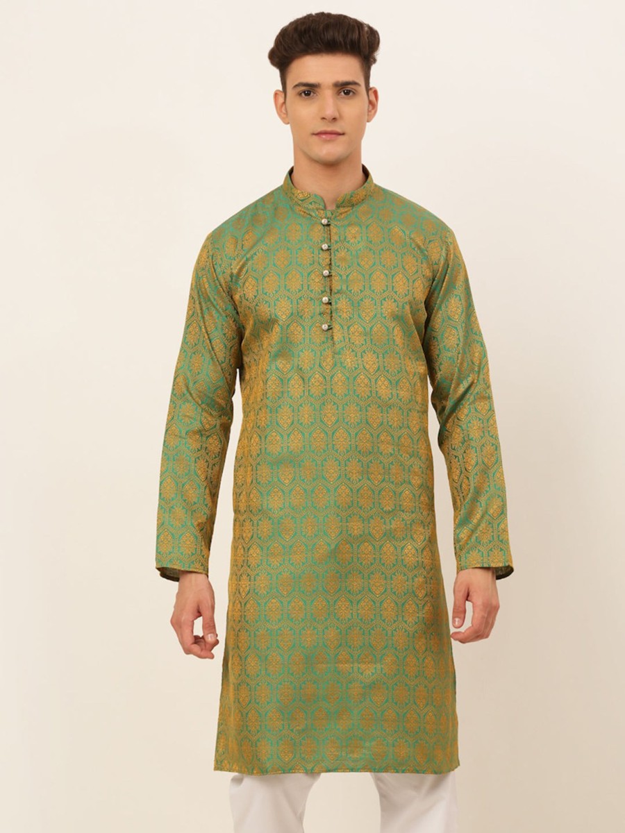 Men Virat Fashions | Men'S Green And Golden Woven Design Kurta Only ( Ko 674 Green ) - Virat Fashions