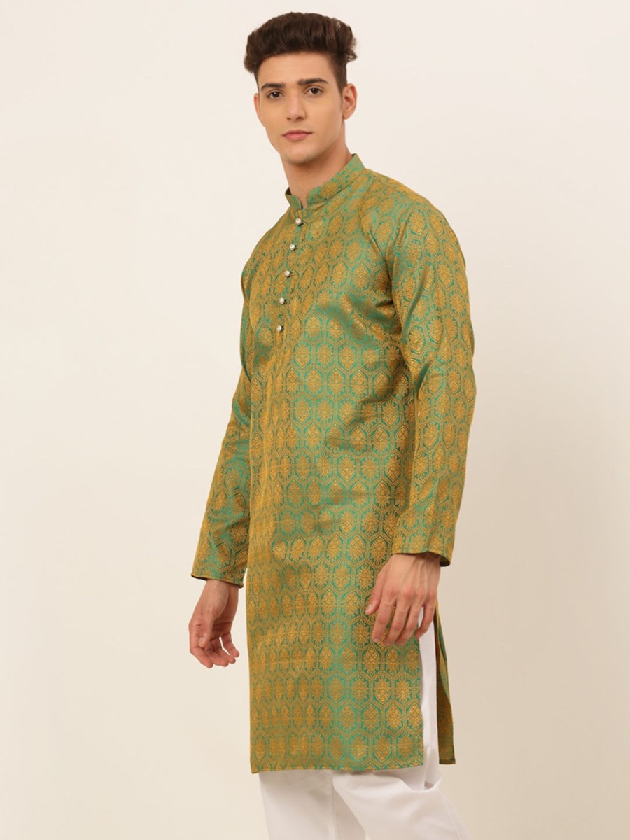 Men Virat Fashions | Men'S Green And Golden Woven Design Kurta Only ( Ko 674 Green ) - Virat Fashions