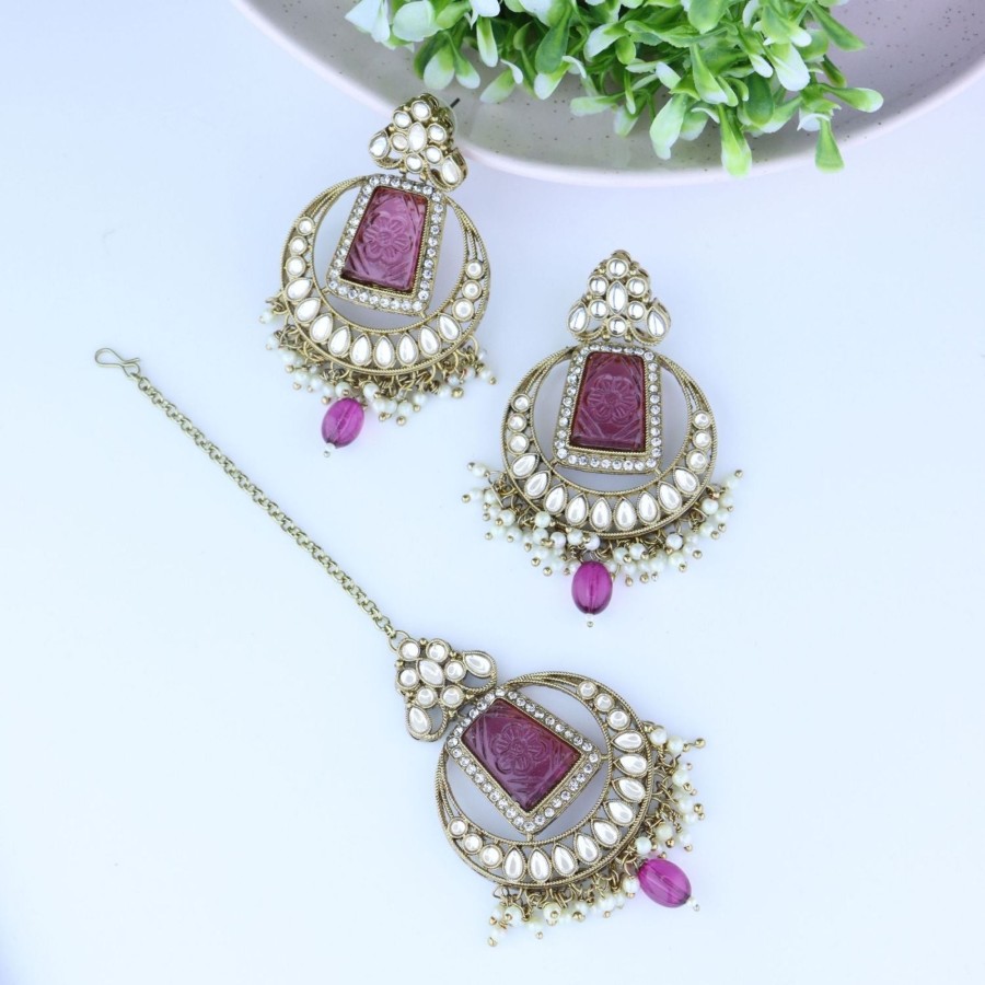 Jewellery I Jewels | Women'S Traditional Pearl Hanging Kundan Stone Studed Chandbali Earring With Maang Tikka - I Jewels Purple