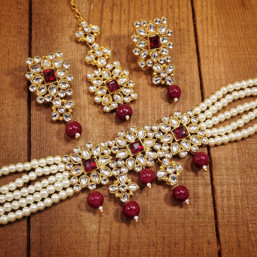 Jewellery I Jewels | Women'S Gold Plated White U0026 Maroon Pearl U0026 Kundan Studded Choker Necklace Set With Earrings U0026 Maang Tikka - I Jewels White And And Maroon