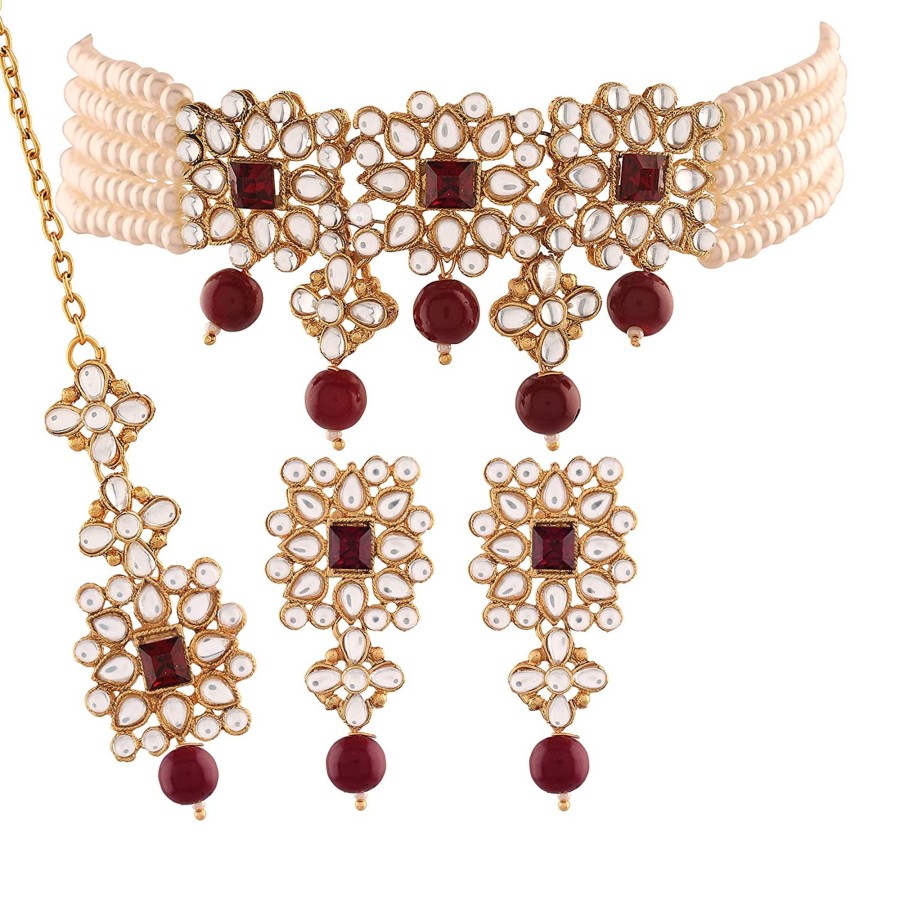 Jewellery I Jewels | Women'S Gold Plated White U0026 Maroon Pearl U0026 Kundan Studded Choker Necklace Set With Earrings U0026 Maang Tikka - I Jewels White And And Maroon