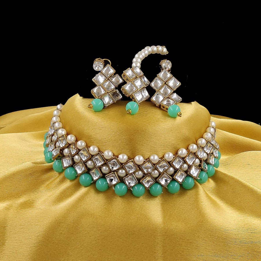 Jewellery Zaffre Collections | Women'S Stylish Kundan And Sea Choker Set - Zaffre Collections Green