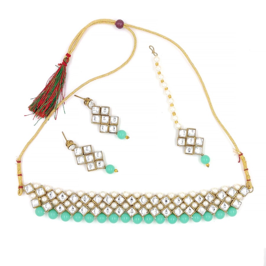 Jewellery Zaffre Collections | Women'S Stylish Kundan And Sea Choker Set - Zaffre Collections Green