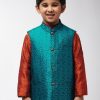 Men Sojanya KID | Kid'S Jacquard Silk Turquoise Blue Self Design Only Nehrujacket - Sojanya Kid Turquoise Blue & Black