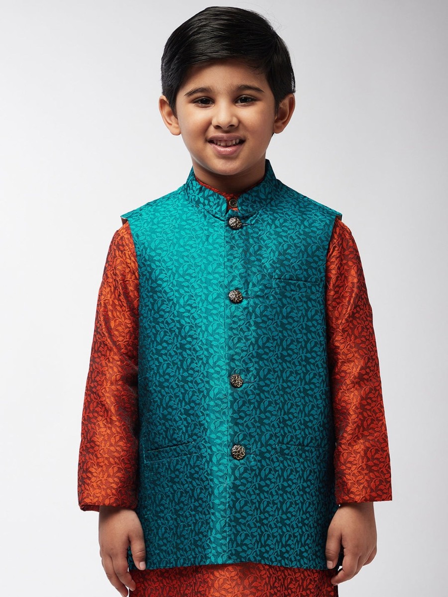 Men Sojanya KID | Kid'S Jacquard Silk Turquoise Blue Self Design Only Nehrujacket - Sojanya Kid Turquoise Blue & Black