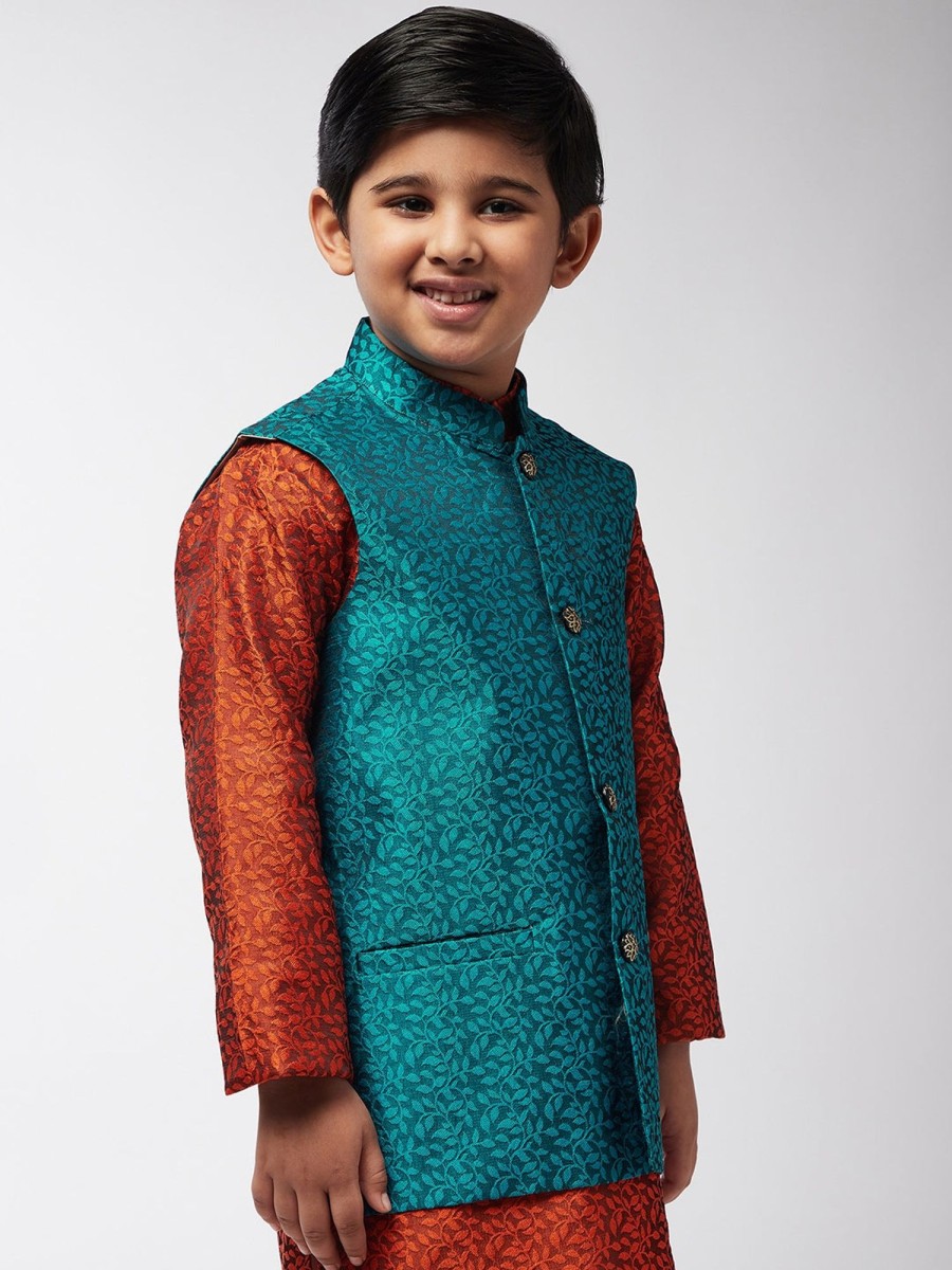 Men Sojanya KID | Kid'S Jacquard Silk Turquoise Blue Self Design Only Nehrujacket - Sojanya Kid Turquoise Blue & Black