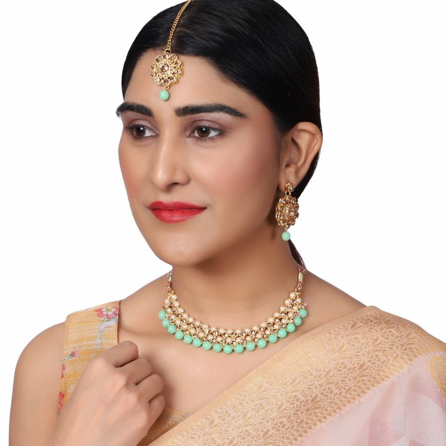 Jewellery Zaffre Collections | Women'S Trending Mint Choker Set With Maang Tikka - Zaffre Collections Green