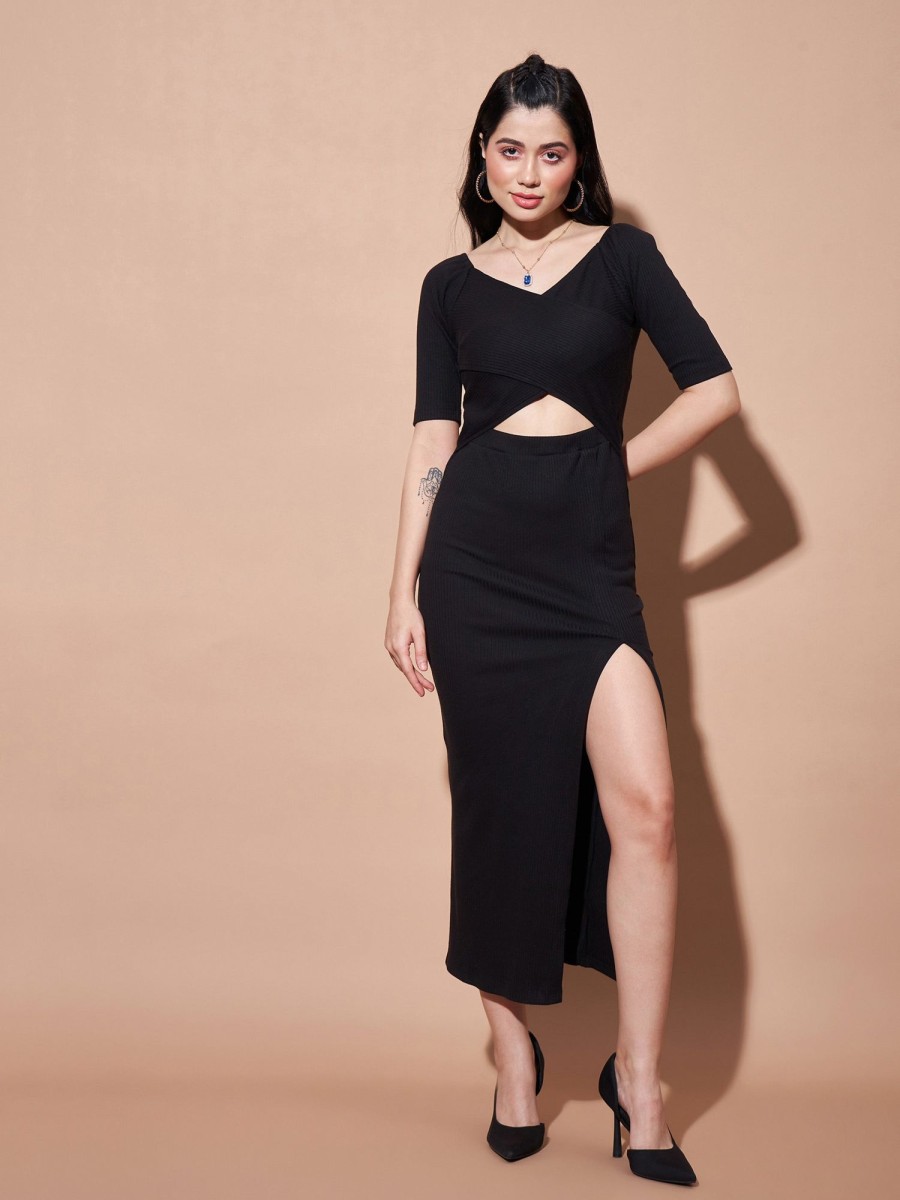 Women Lyush | Women'S Black Side Slit V-Neck Rib Maxi Dress - Lyush