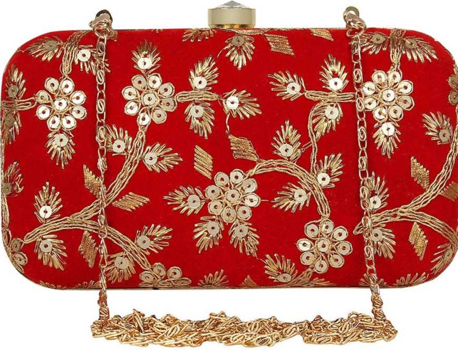 Others VASTANS | Women'S Red Color Tulle Embroidered Faux Silk Clutch - Vastans