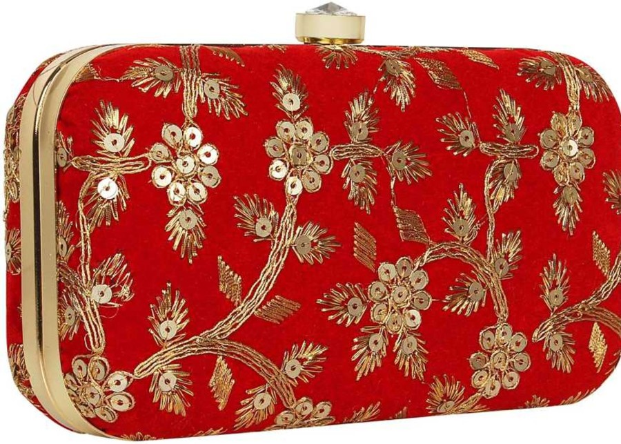 Others VASTANS | Women'S Red Color Tulle Embroidered Faux Silk Clutch - Vastans