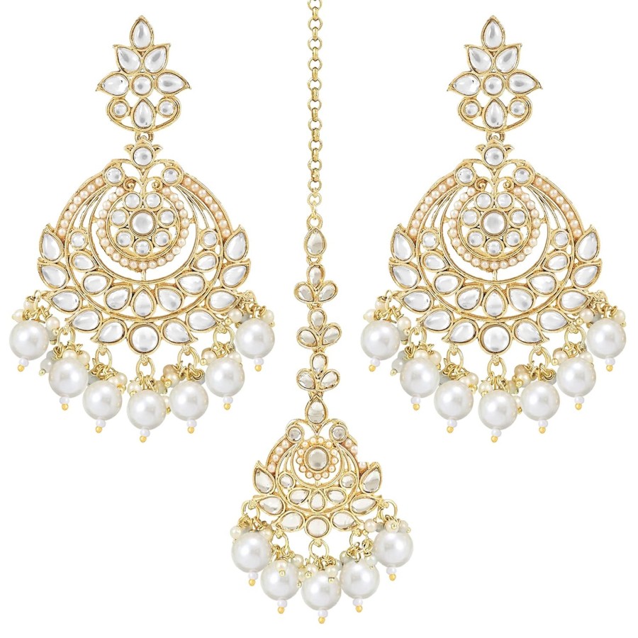 Jewellery I Jewels | Women'S Traditional Kundan U0026 Pearl Chandbali Earrings With Maang Tikka Set - I Jewels White