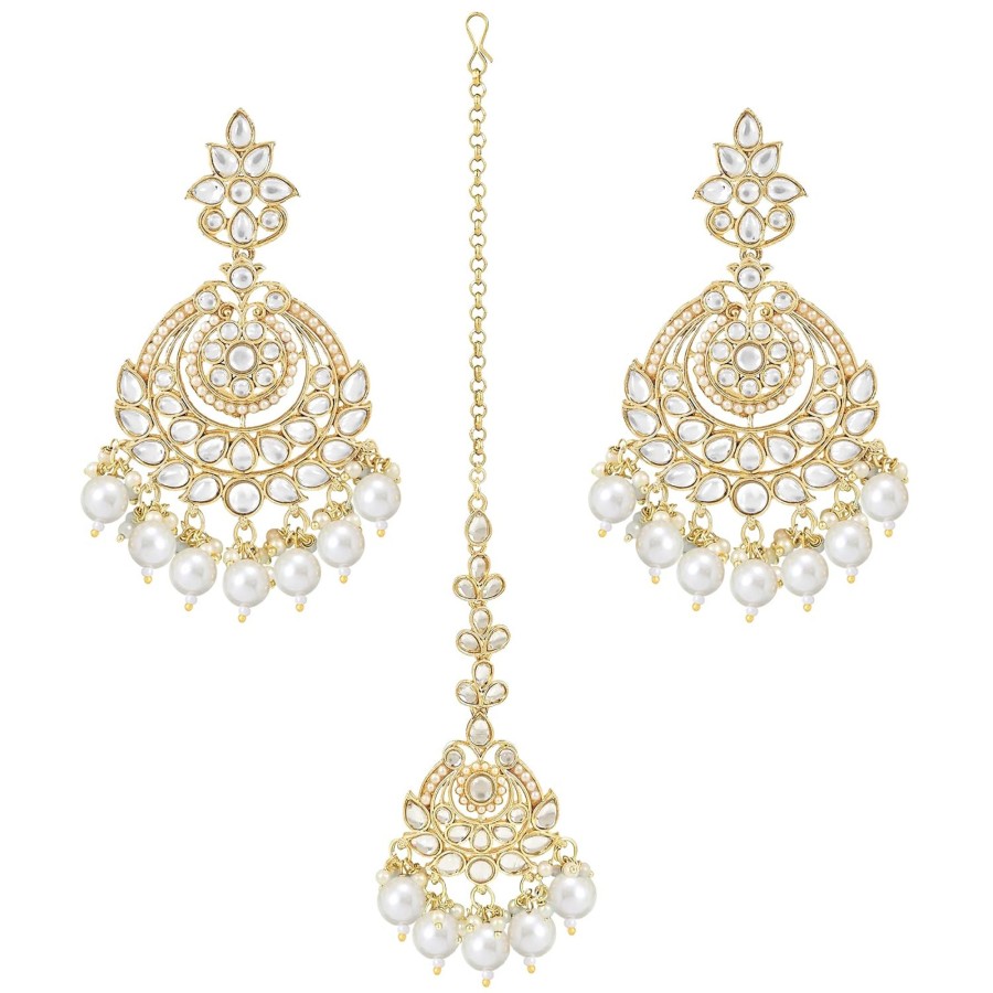 Jewellery I Jewels | Women'S Traditional Kundan U0026 Pearl Chandbali Earrings With Maang Tikka Set - I Jewels White