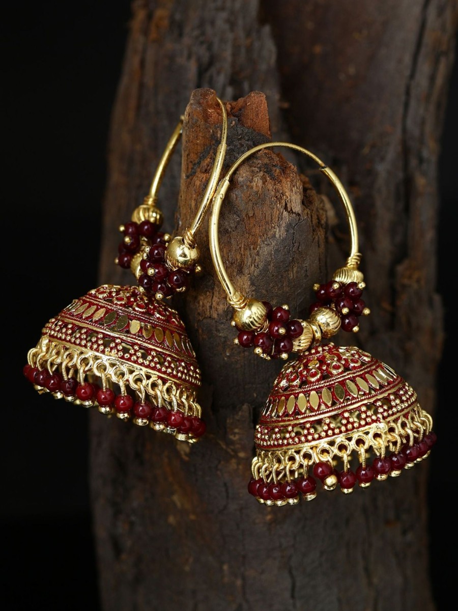 Jewellery Anikas Creation | Women'S U0026 Gold-Plated Enamelled Dome Shaped Jhumkas - Anikas Creation Maroon