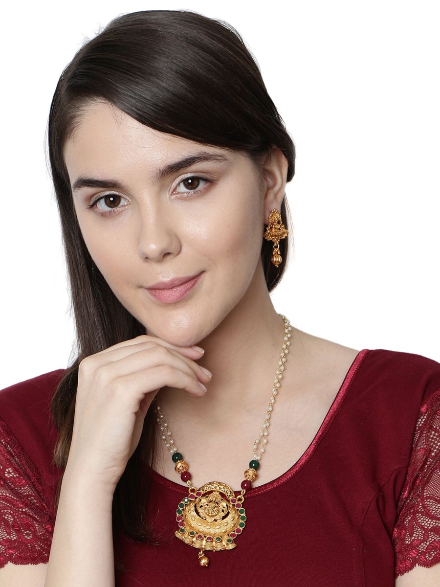 Jewellery Anikas Creation | Gold Plated Maa Laxmi Stone Studded Necklace With Earrrings For Women And Girls - Anikas Creation Multicolor