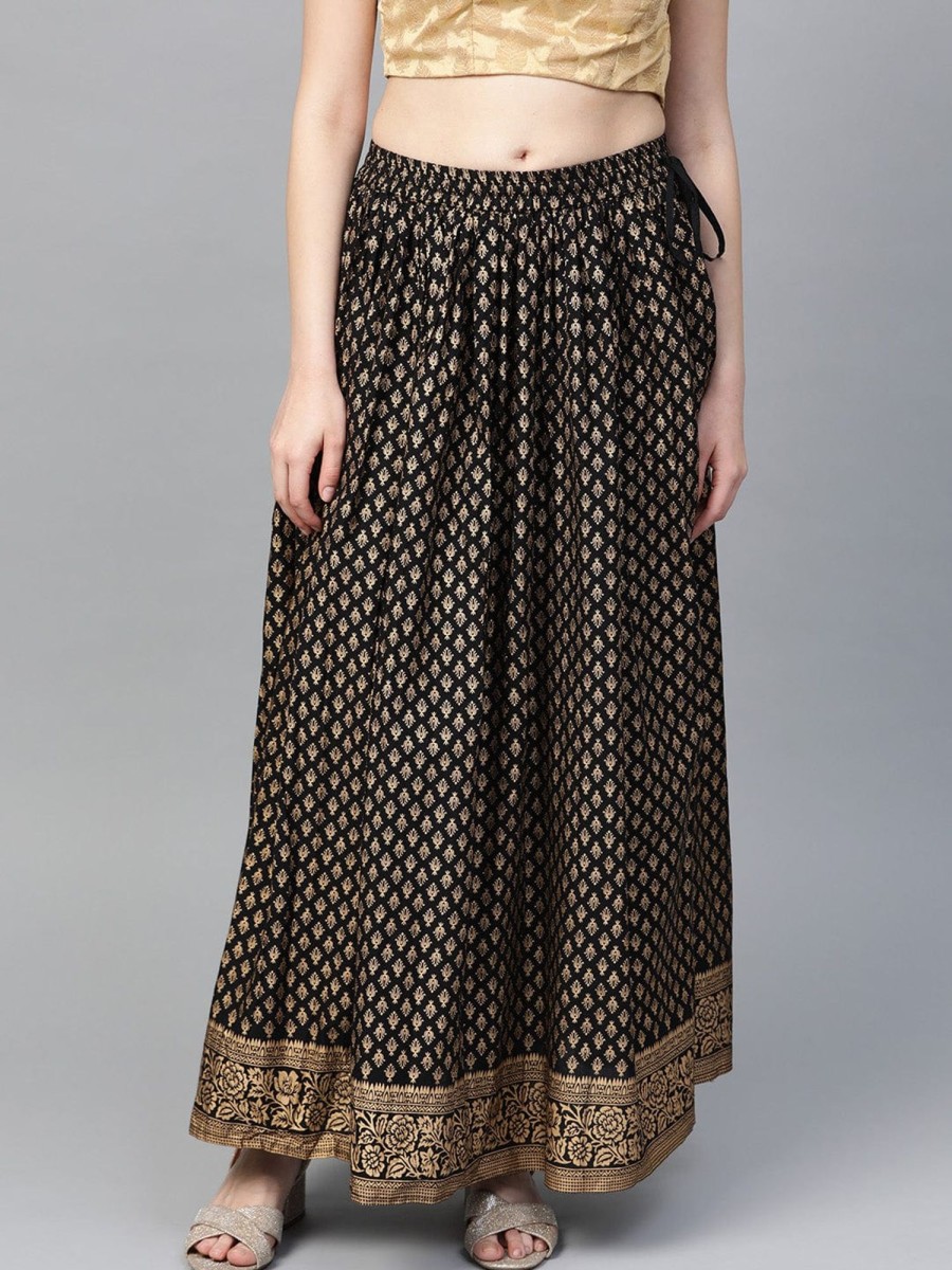 Women Varanga | Women'S Black U0026 Golden Printed Maxi Flared Skirt - Varanga