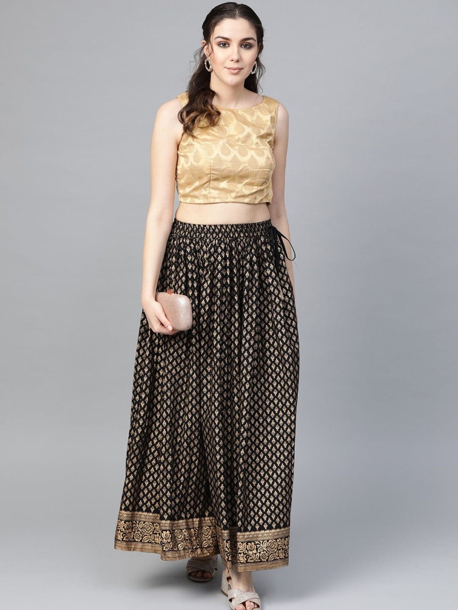 Women Varanga | Women'S Black U0026 Golden Printed Maxi Flared Skirt - Varanga