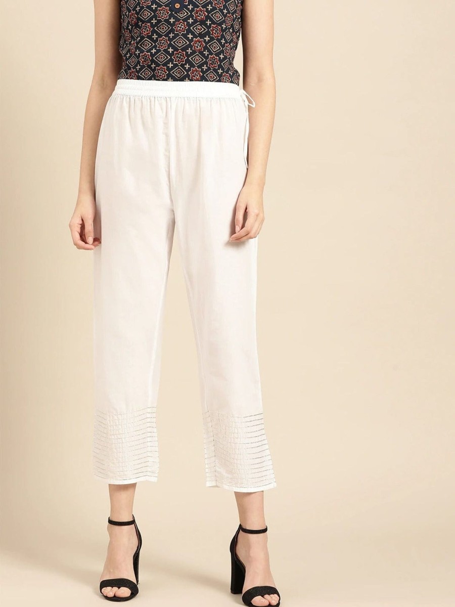 Women Varanga | Women'S White Gotta Hem Design Straight Cropped Palazzos - Varanga