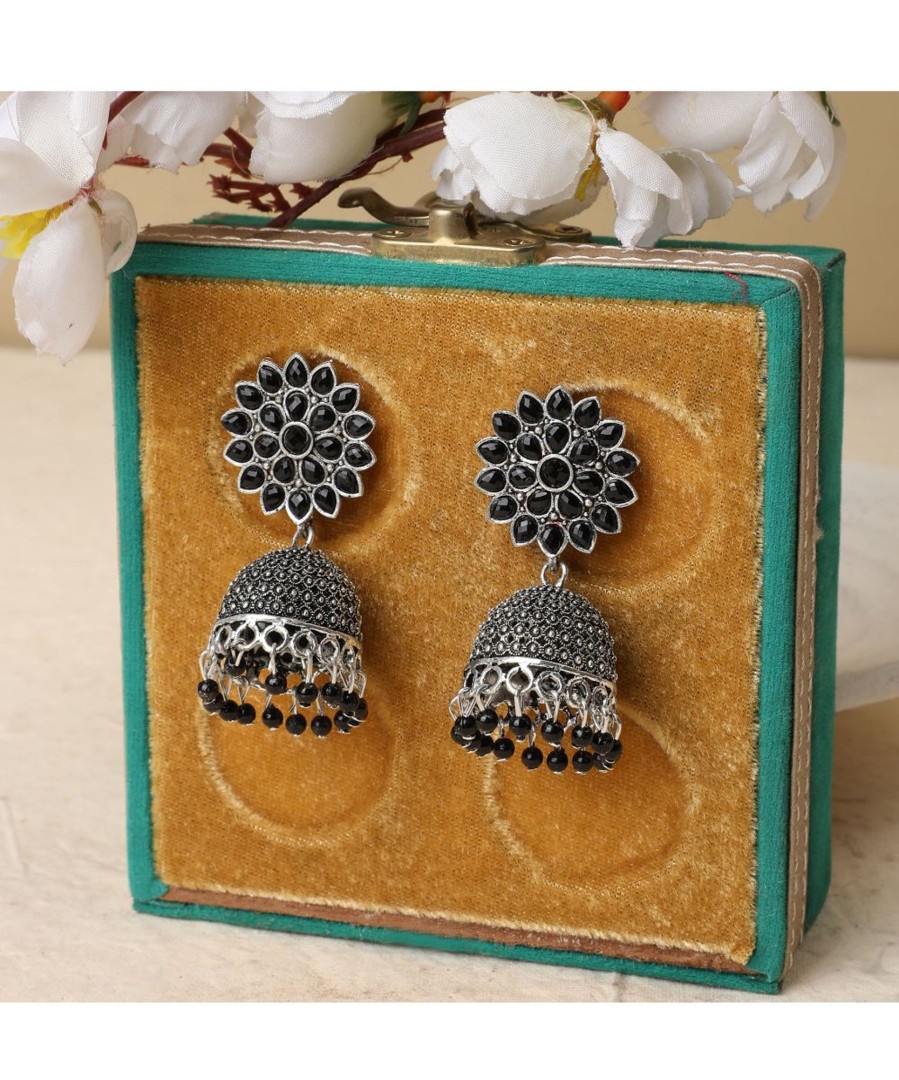 Jewellery MODE MANIA | Women'S Oxidised Black Colored Stone Studded Classic Jhumka Earring - Mode Mania