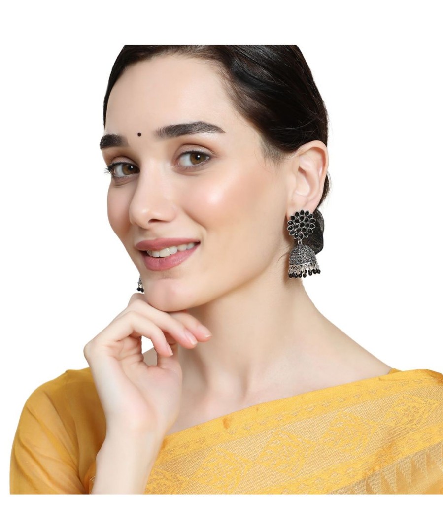 Jewellery MODE MANIA | Women'S Oxidised Black Colored Stone Studded Classic Jhumka Earring - Mode Mania