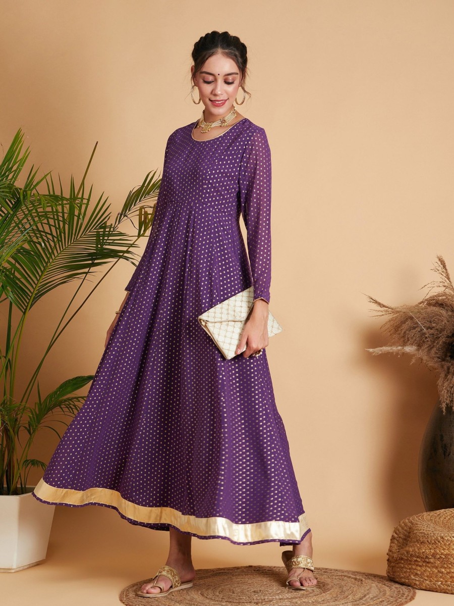 Women Lyush | Women'S Purple Dot Foil Print Anarkali Dress - Lyush