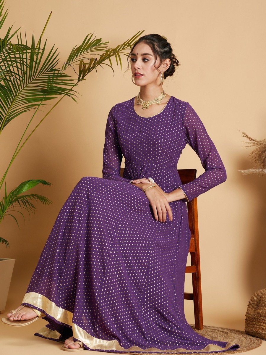 Women Lyush | Women'S Purple Dot Foil Print Anarkali Dress - Lyush