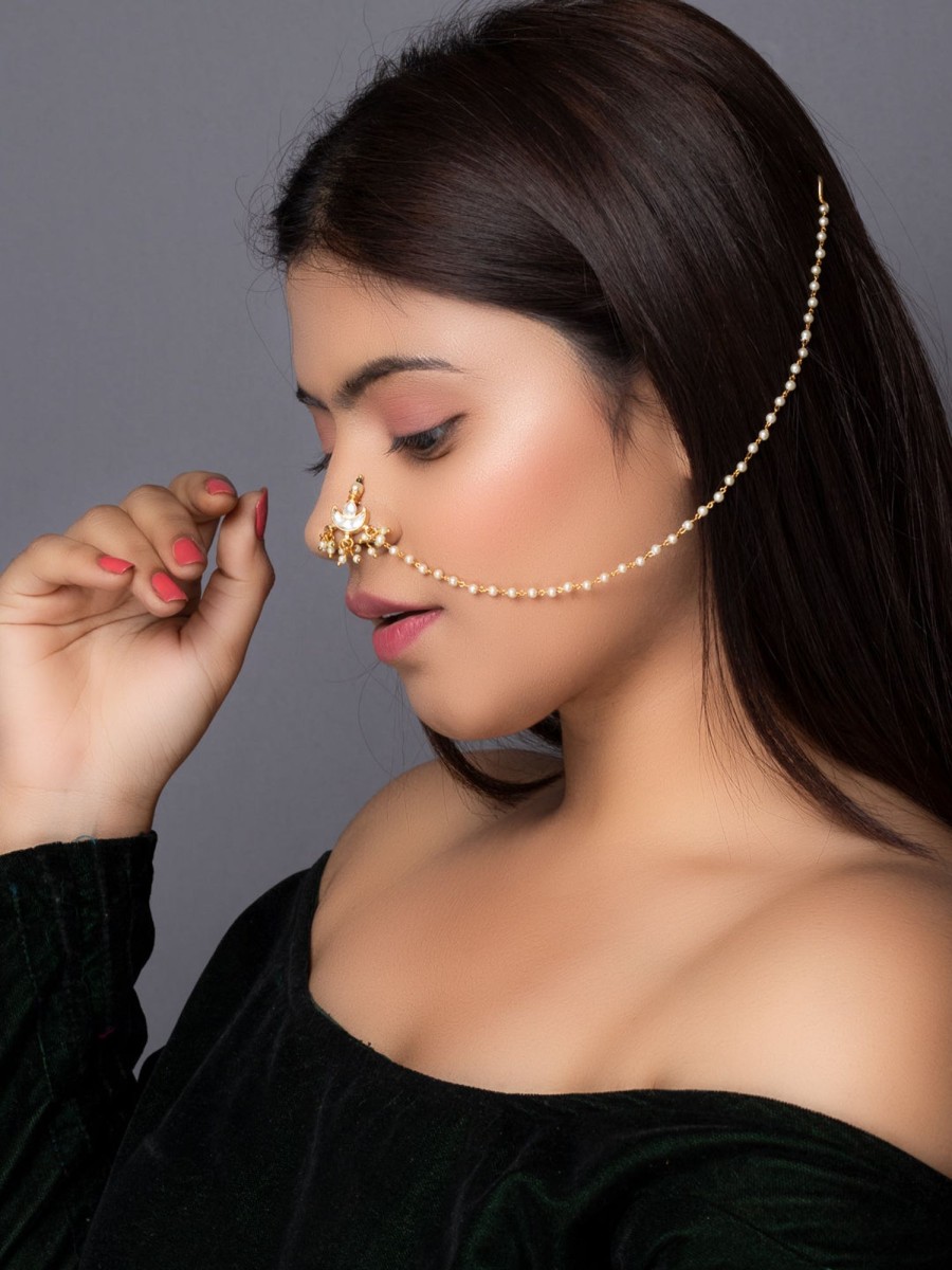 Jewellery Morkanth | Women'S Gold-Plated Off-White Pachi Kundan-Studded U0026 Beaded Chained Nose Ring - Morkanth