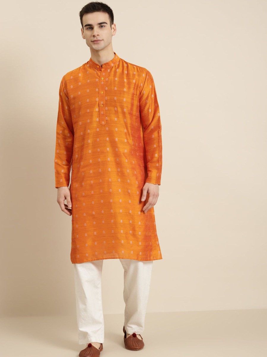 Men Sojanya | Men'S Cotton U0026 Silver Self Design Only Long Kurta - Sojanya Orange