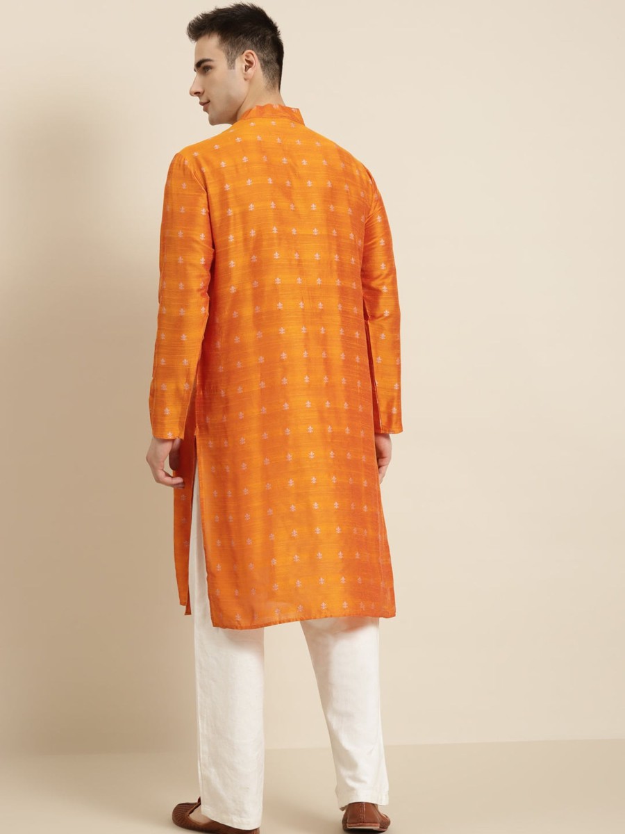 Men Sojanya | Men'S Cotton U0026 Silver Self Design Only Long Kurta - Sojanya Orange