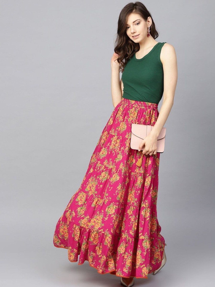 Women Varanga | Women'S Fushcia Floral Printed Tiered Skirt - Varanga