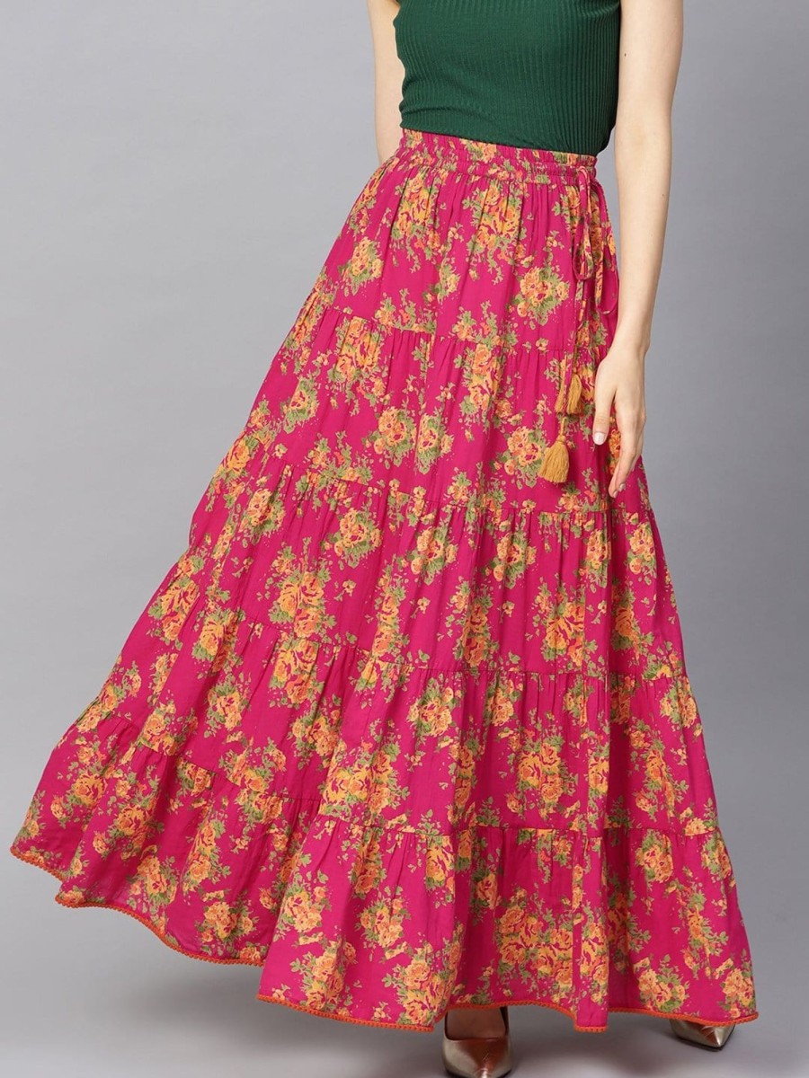 Women Varanga | Women'S Fushcia Floral Printed Tiered Skirt - Varanga