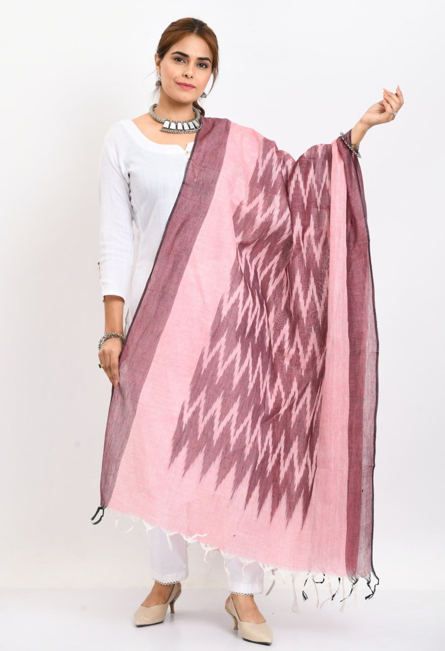 Women Moeza | Women'S Handloom Cotton Ikkat Dupatta - Moeza Maroon