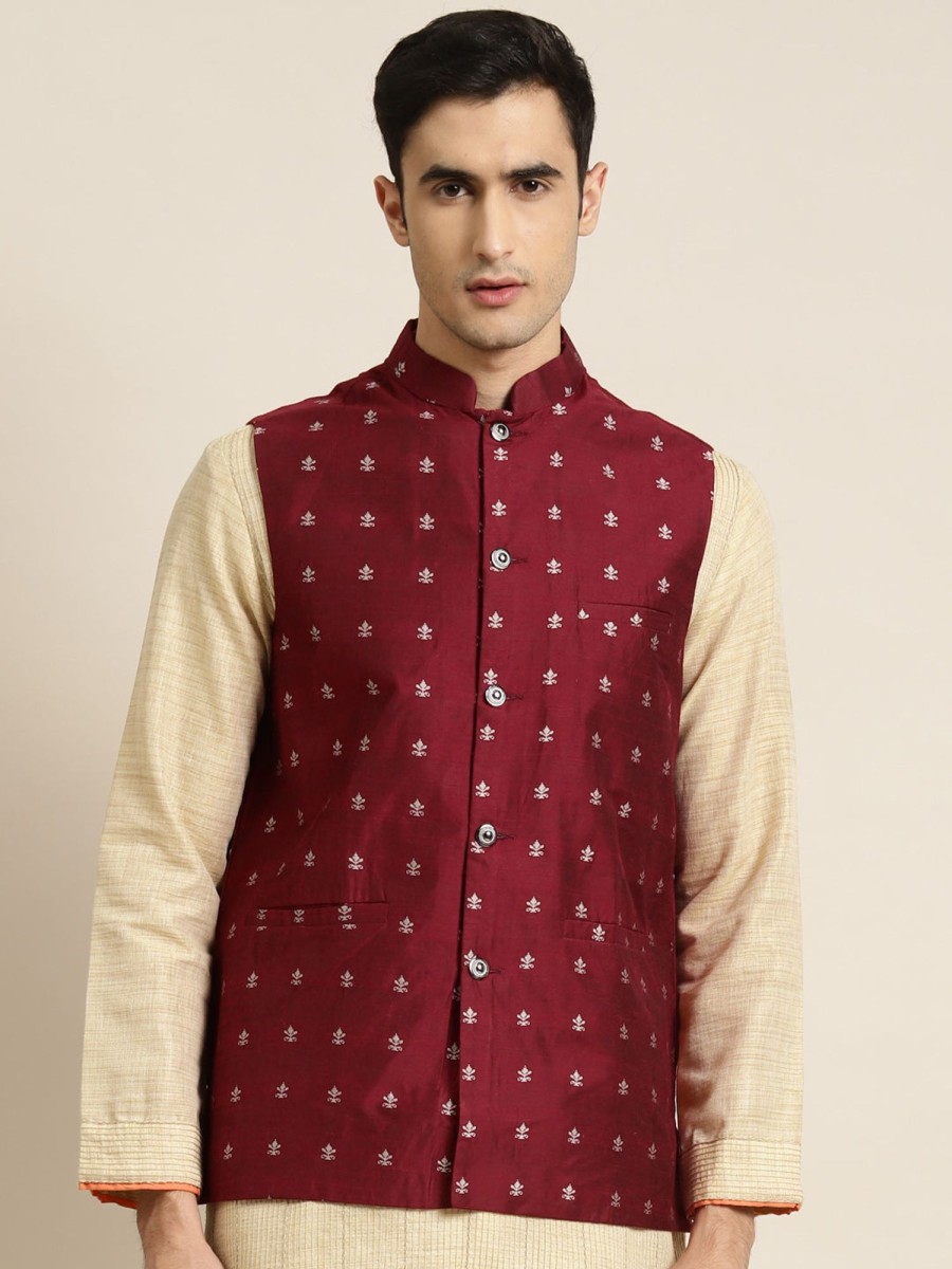 Men Sojanya | Men'S Cotton Self Design Only Nehru Jacket - Sojanya Maroon