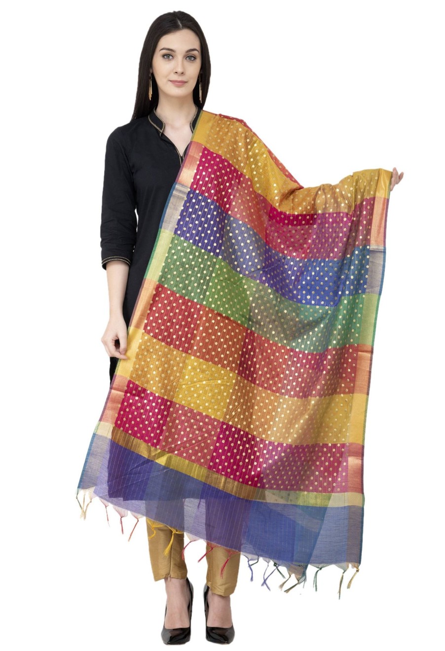 Women AR Silks | A R Silk Multi Box Gold Print Fancy Dupatta Color Dupatta Or Chunni Multi Color