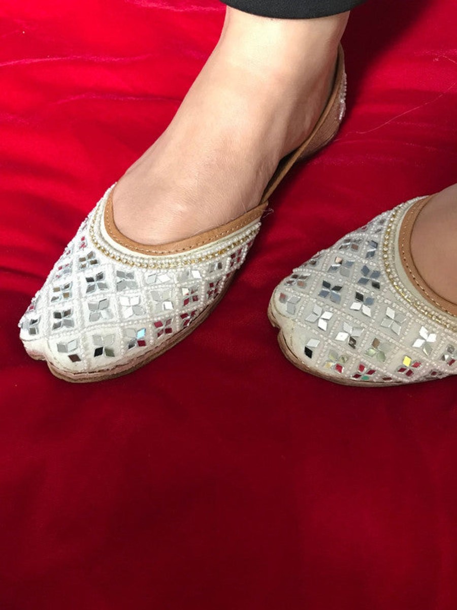 Others Desi Colour | Women'S White Mirror Work Leather Embroidered Indian Handcrafted Ethnic Comfort Footwear - Desi Colour