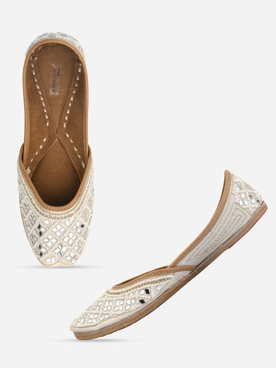 Others Desi Colour | Women'S White Mirror Work Leather Embroidered Indian Handcrafted Ethnic Comfort Footwear - Desi Colour