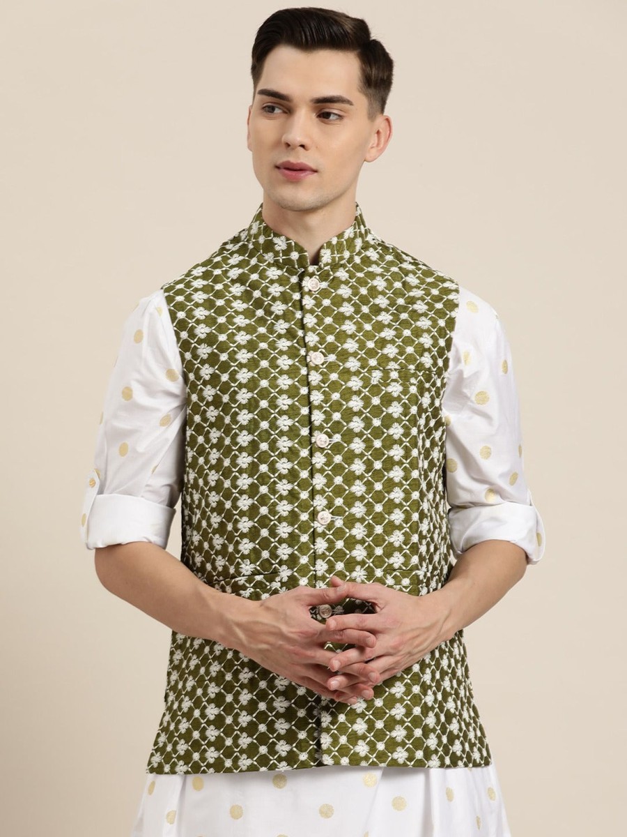 Men Sojanya | Men'S Silk Blend Dark Embroidered Only Nehrujacket - Sojanya Green