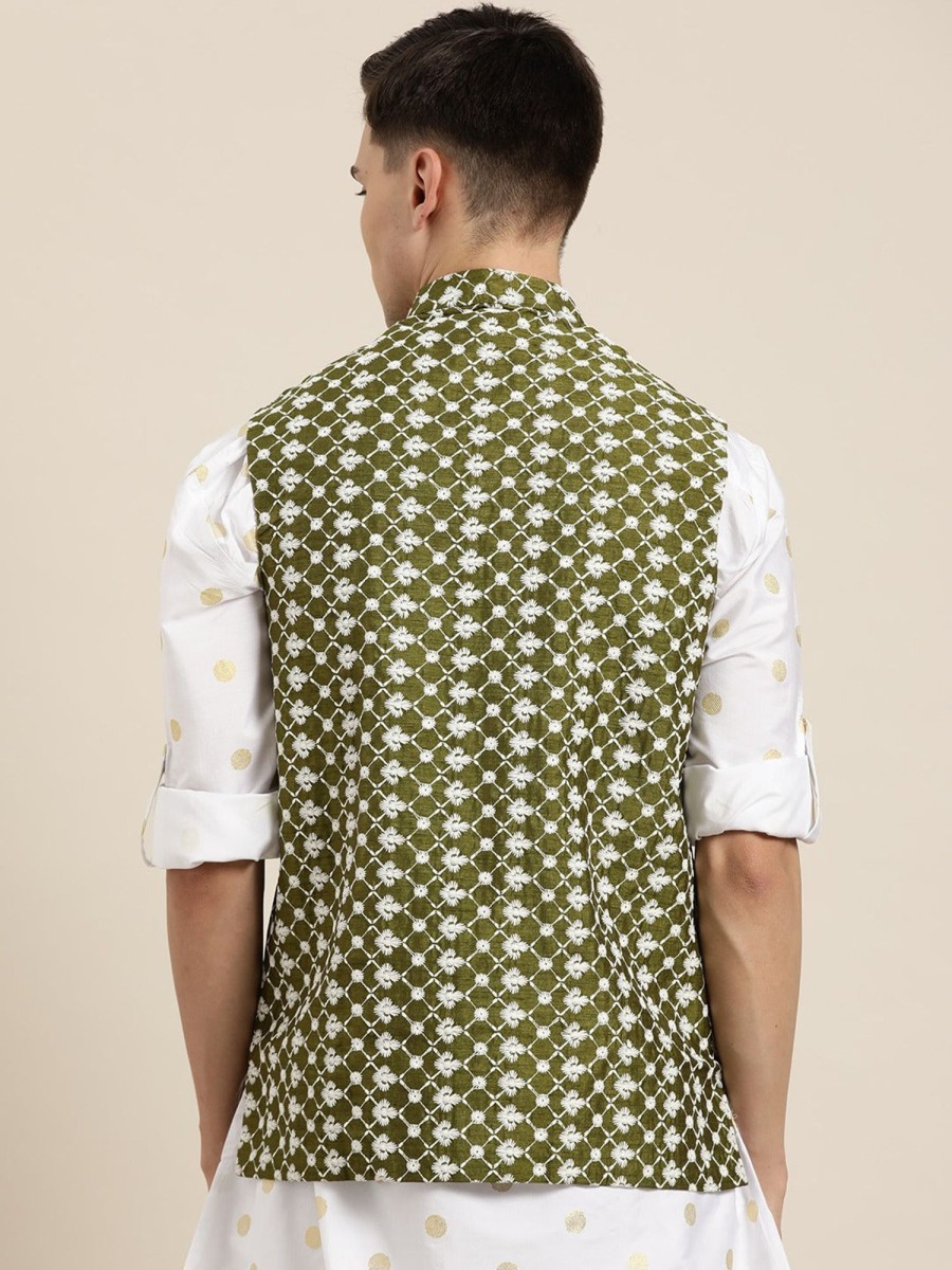 Men Sojanya | Men'S Silk Blend Dark Embroidered Only Nehrujacket - Sojanya Green