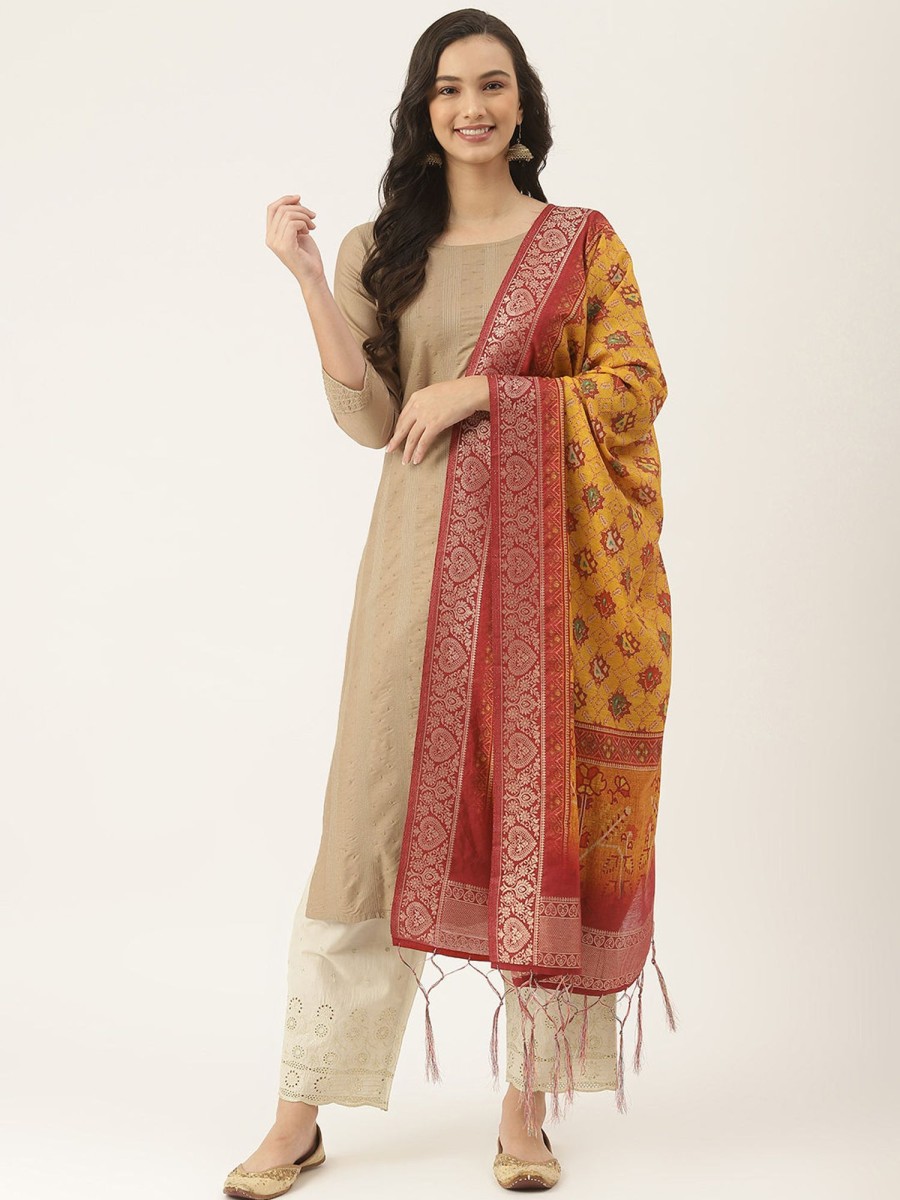 Women VAABA | Women'S Color Pure Chanderi Printed Jacquard Dupatta - Vaaba Mustard