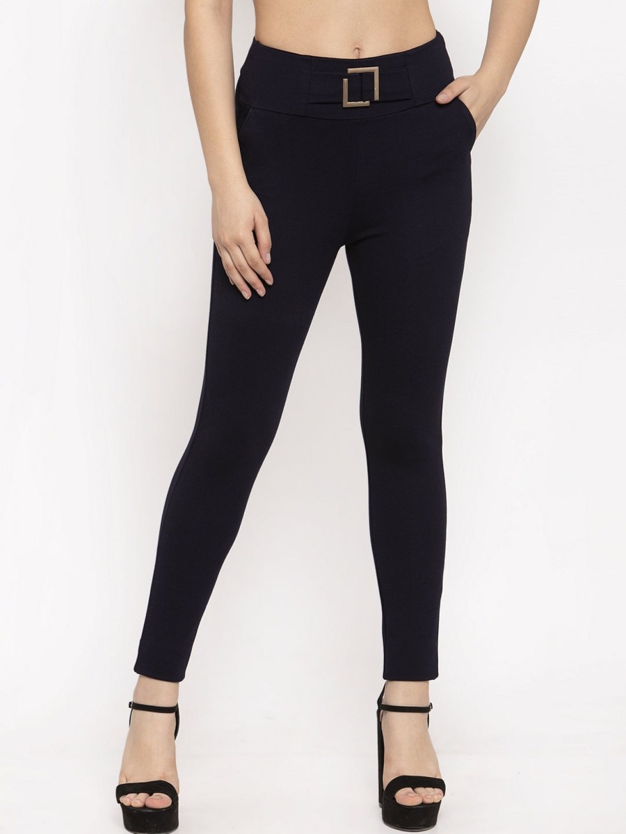 Women Wahe-NOOR | Women'S Navy Blue Solid Jeggings - Wahe-Noor