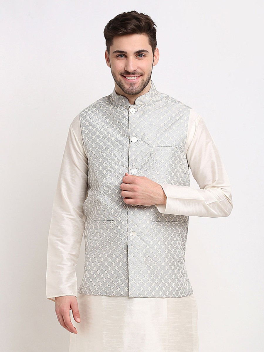 Men Virat Fashions | Men'S Grey Grey And White Embroidered Nehru Jacket ( Jowc 4029Grey ) - Virat Fashions